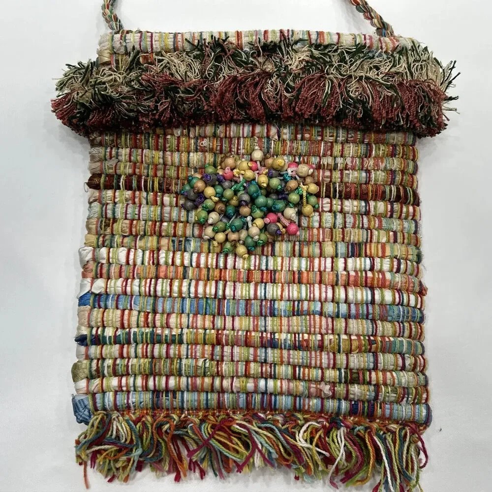 Handmade Lyn Jankowski boho Multicolored‎ fringe Beads Hippie handbag purse Snap